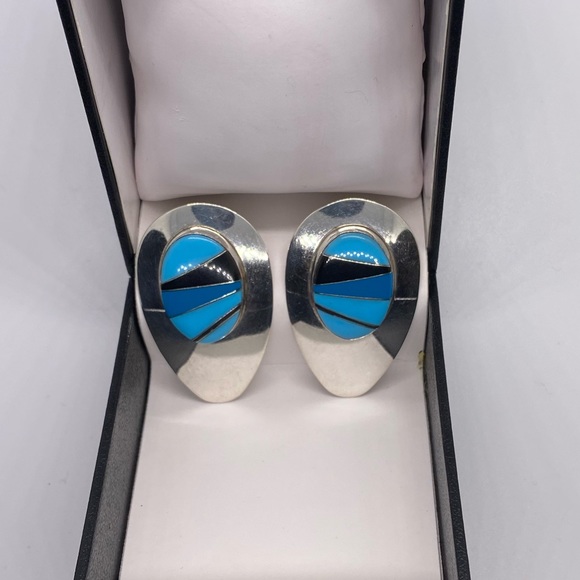 Sterling Silver Block Multi Stone Inlay Post Earrings SIGNED turquoise Navajo - Picture 7 of 16